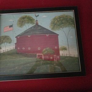 Framed Warren Kimble Folk Art Print: Red Round Barn